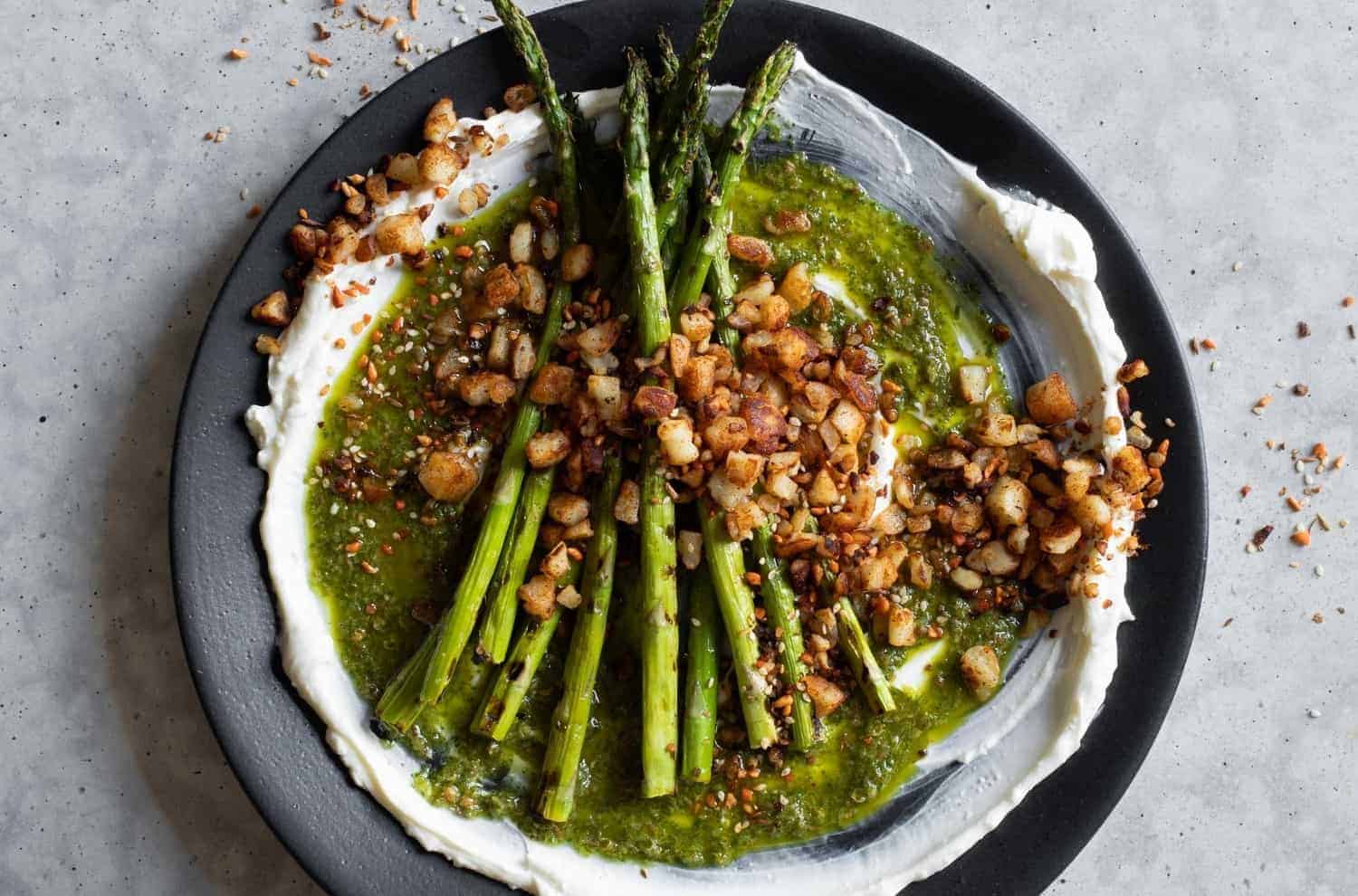 Aphrodite Halloumi, Galotyri, Charred Asparagus and Dukkah