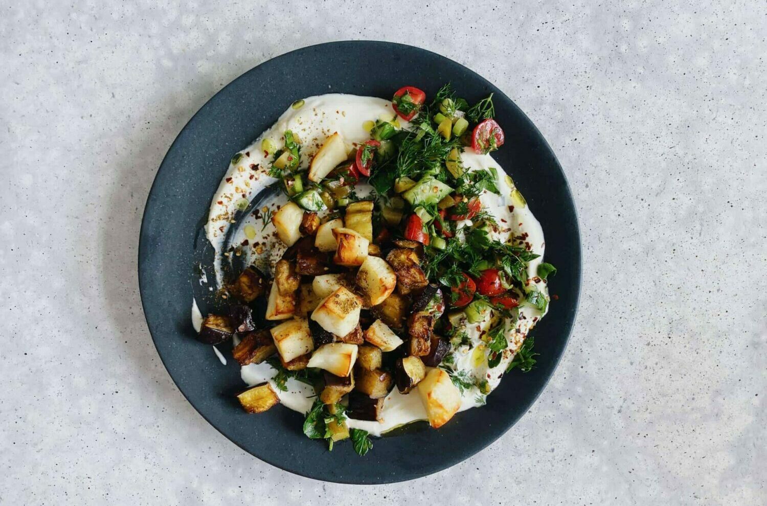 Baharat Oven Roasted Aphrodite Goat Halloumi, Eggplant & Chopped Salad
