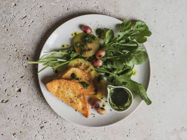 Aphrodite Kefalotyri Saganaki Grape and rocket salad will studd