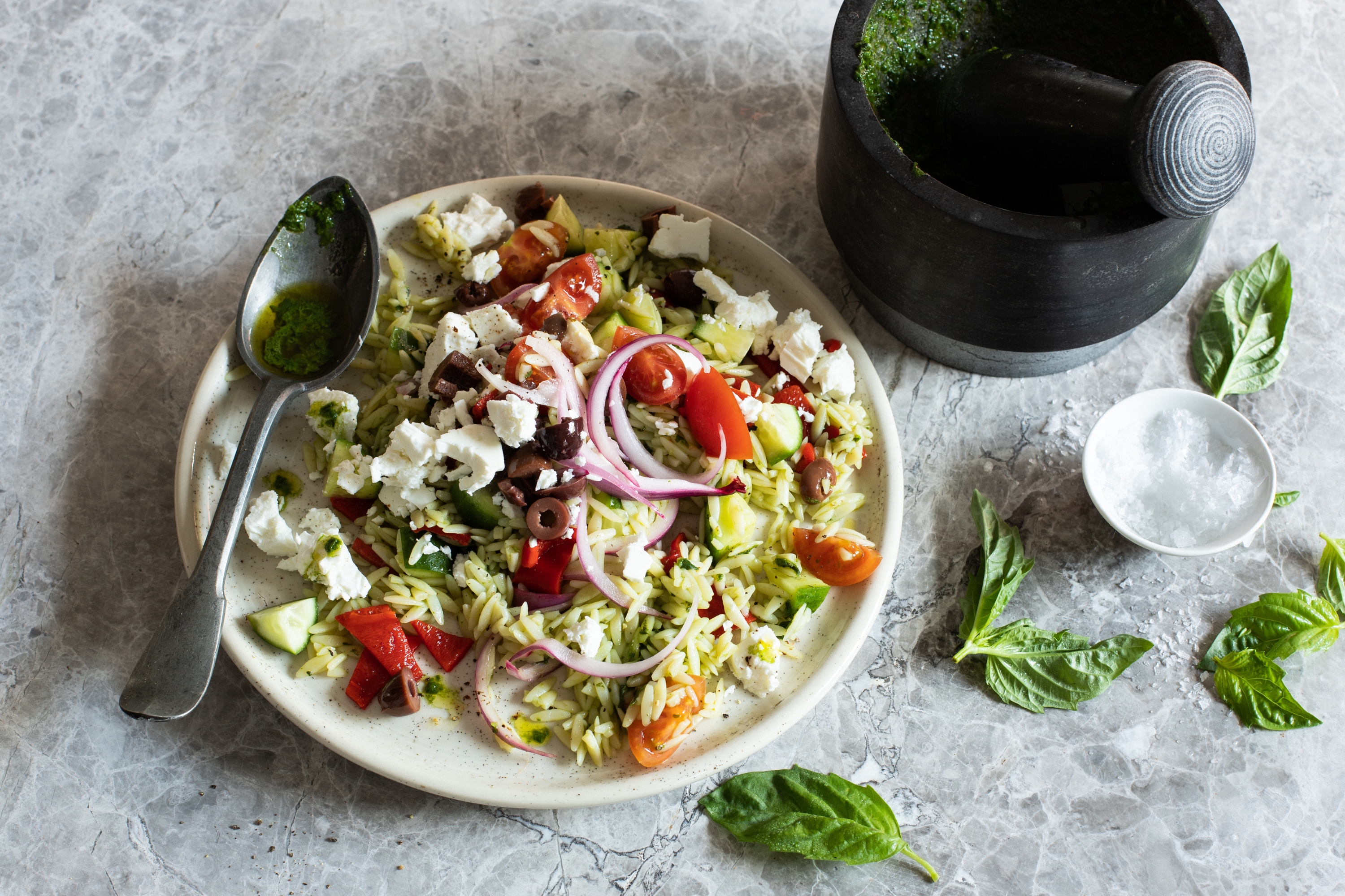 Feta Risoni Salad With Aphrodite Feta On Grey Tile